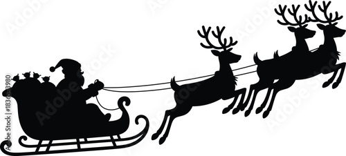 Black silhouette of Santa Claus in a sleigh pulled by three reindeer Christmas holiday