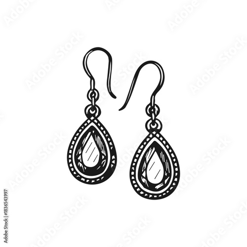Simple hand drawn earrings icon sketch, engraved jewelry illustration.