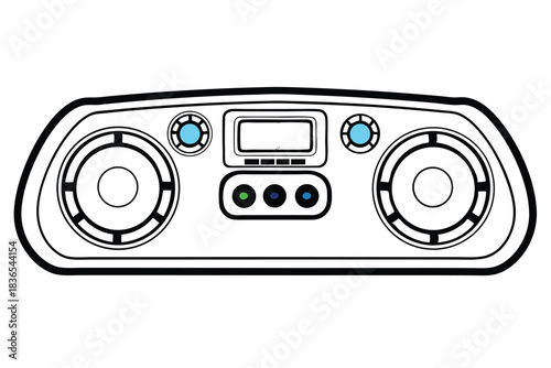 Cartoon boombox audio system features dual speakers, screen, and various colorful buttons