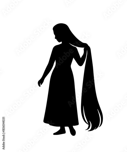 Woman's silhouette standing, showing long hair cascading down body, white background