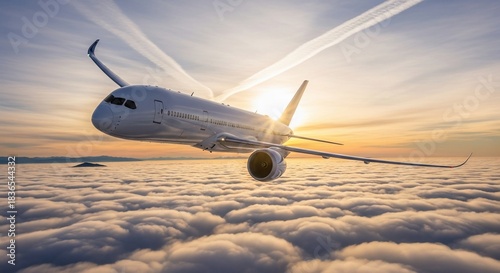 Airplane flying over clouds at sunrise