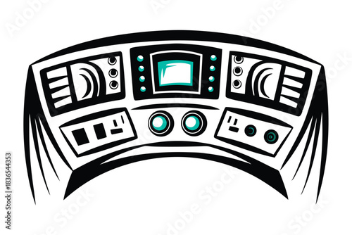 Interior controls panel showcases buttons and display screens with clean lines, against a white background