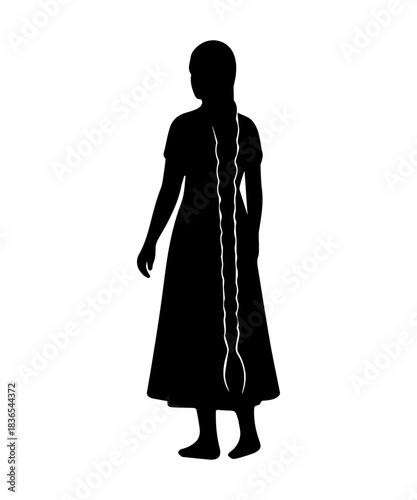 Woman's silhouette standing, showing long braided hair, white background