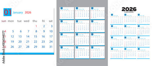 2026 calendar template clipart set. 12 months calendar in minimal lay out clip art collection with days and weekly schedule monthly pages design vector