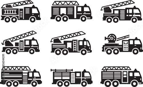 Fire truck illustrations set in black and white emergency vehicles