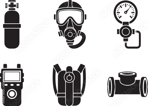 Scuba diving gear set black silhouettes on white background vector