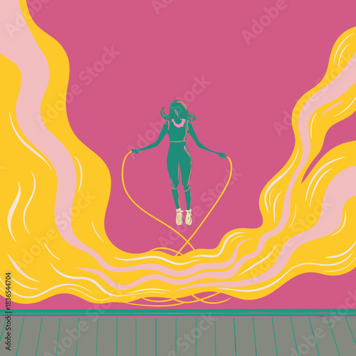 Energetic woman jumps rope amidst flowing abstract shapes