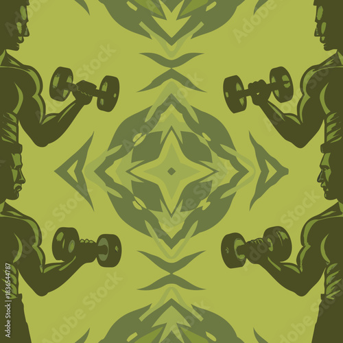 Muscular man silhouette lifting dumbbell with abstract green pattern