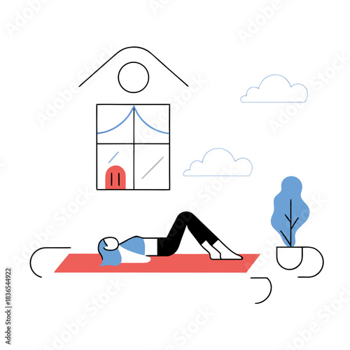 Woman doing yoga at home near a window with clouds outside