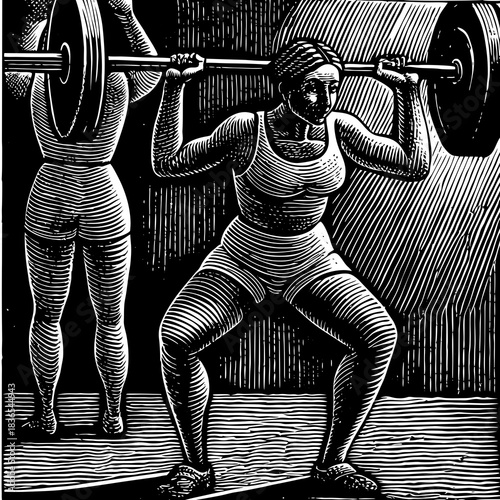 Two women performing barbell squats in a gym