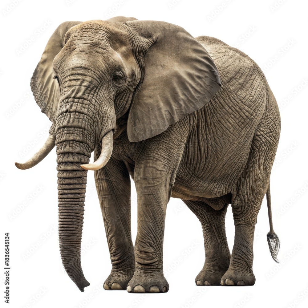 Fototapeta premium Majestic african elephant with large tusks standing proudly against a clean white background