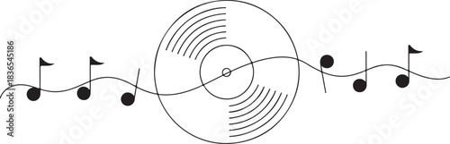 Vinyl record with notes in continuous line art drawing style music entertainment concept