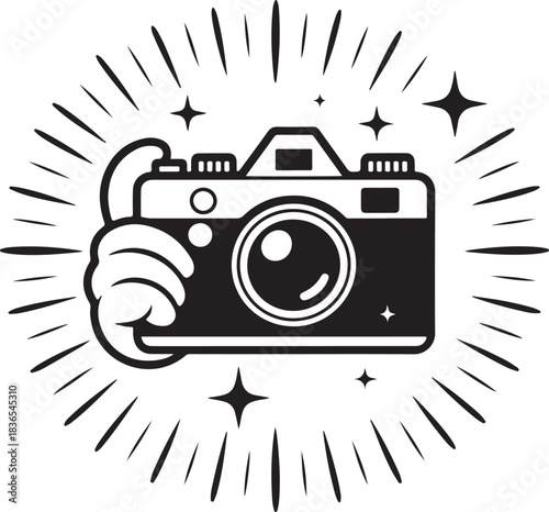Holding photo camera illustration icon in hand take photo and making memories simple line