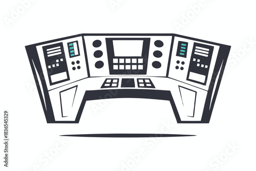 A control panel shows an intricate array of buttons and monitoring screens to command