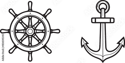 Nautical themed illustration featuring a ships wheel and anchor outline design