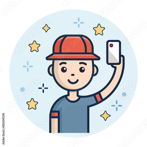 Flat stick figure character taking a selfie