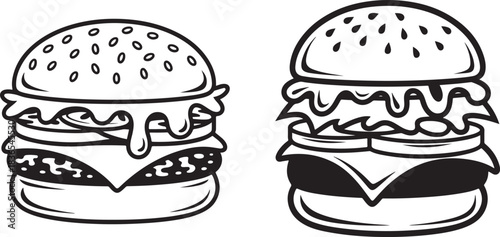 Burger outline with cheese and salad tasty food for menu and cafe logo in cartoon style