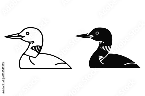 Duck or Loon Bird Outline and Silhouette on White Background Keywords: duck, bird, waterbird