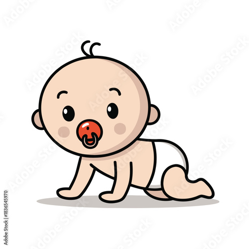 Simple stick figure baby crawling with red pacifier