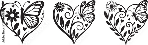 Assorted floral heart shaped butterfly flourish collection featuring daisy blooms and leafy vines