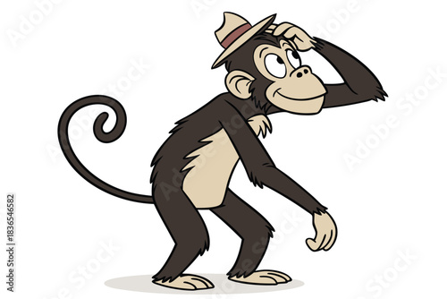 Friendly cartoon monkey smiling with tan face and belly stands against a white background