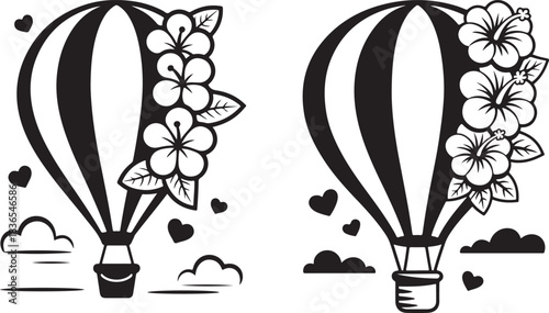 Hot air balloon with hibiscus flowers and hearts detailed silhouette floral flight