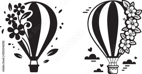 Hibiscus floral air balloon with flower clouds and hearts silhouette outline art