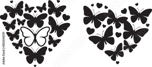Hearts and butterflies in heart shapes monochrome stylized art love black outline