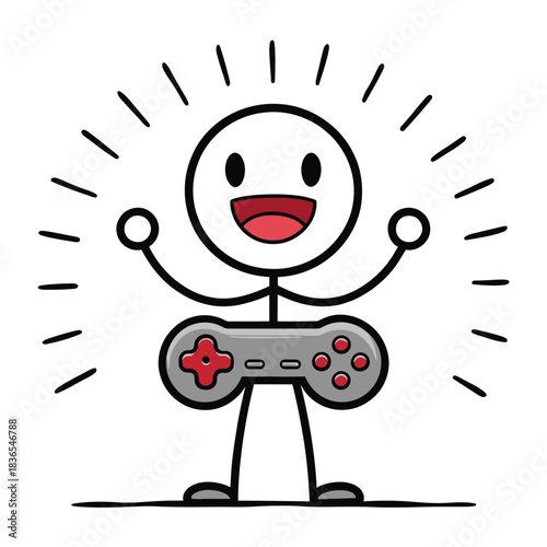 Stick figure gamer holding video game controller illustration