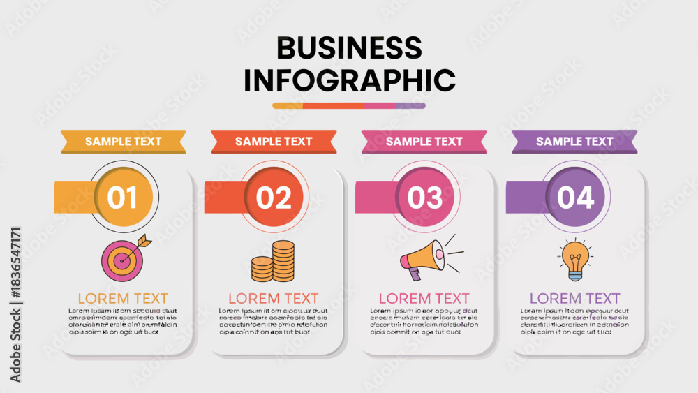 Fototapeta premium Colorful Business Infographic with Four Steps for Presentation and Report Design Template Visualization Process Flow Chart Strategy and Planning Data Analysis