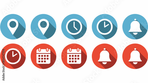 Collection of Modern Flat Design Icons Location Clock Calendar and Notification Representing Time and Place Reminders and Announcements