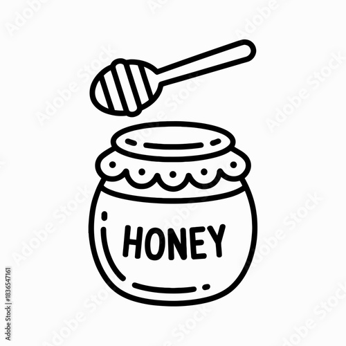 Black and White Honey Jar Illustration with Dipper Outline Style Healthy Food Sweetener Graphic Element