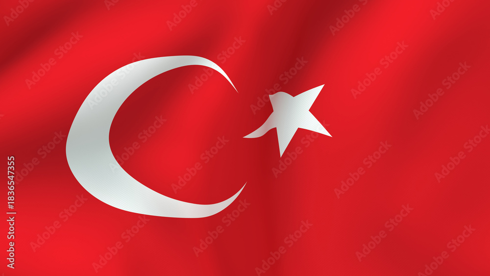 Obraz premium Waving Flag of Turkey, National Symbol with Red Field, White Crescent Moon and Star