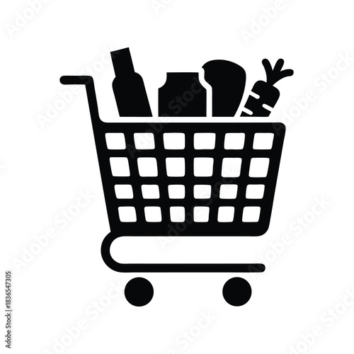 A black showing a shopping cart full of varied groceries