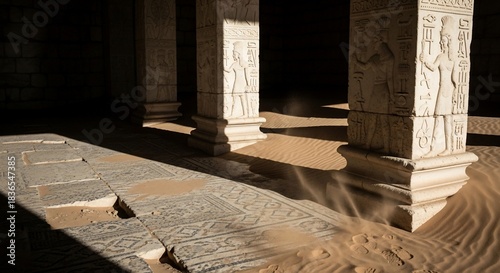 Ancient temple interior sand encroachment stone pillars and floor