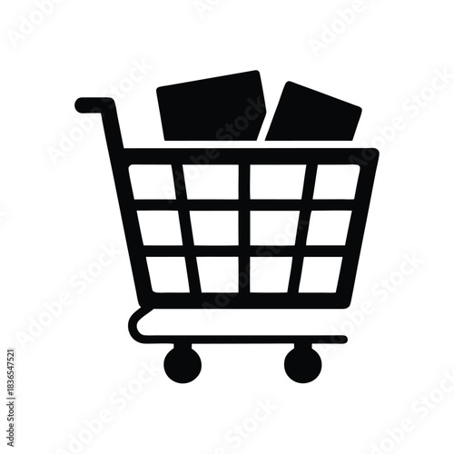 Black silhouette shows a shopping cart full of boxes, ready to be moved