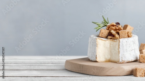 Gourmet Camembert Cheese with Walnuts, Rosemary, and Croutons