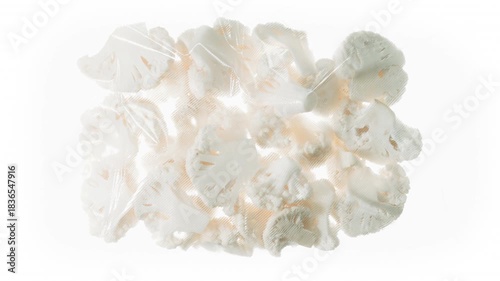 Packaging and Freezing Cauliflower Pieces. Cauliflower inflorescences are packed in a vacuum apparatus and subjected to rapid cooling with an ice jet, creating the effect of white steam on a white