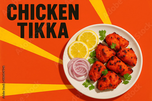 Chicken tikka plate, bold poster background with copy space.