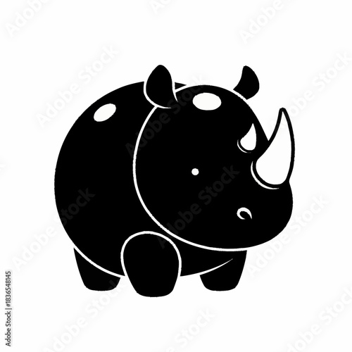 Black and white illustration of a rhinoceros with a prominent horn and spots.