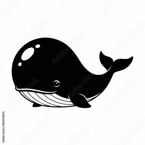 Cute cartoon whale illustration in black and white.