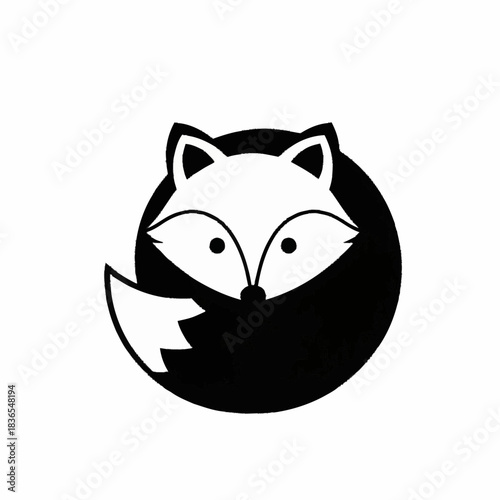 Charming black and white fox illustration in a circular design.