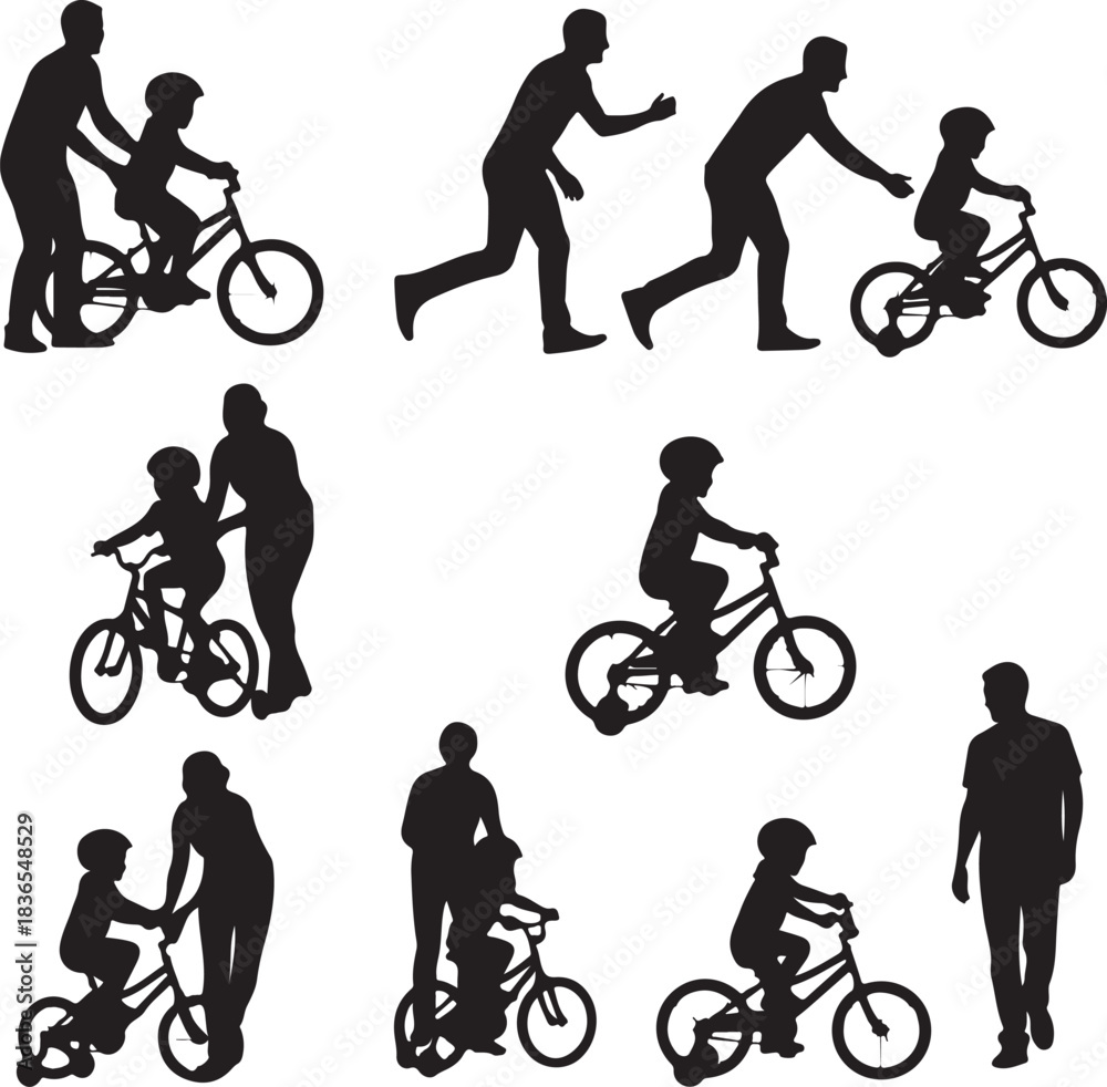 Obraz premium Adults teaching children to ride bicycles silhouettes