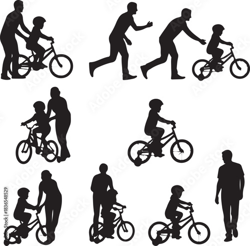 Adults teaching children to ride bicycles silhouettes