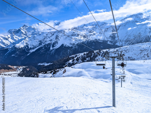Mountains and skiing in Les Contamines, French alps.