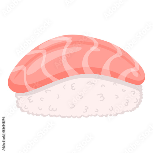 illustration piece of salmon sushi is placed on rice isolated on white. sushi shows pink salmon on top of white rice. This food is prepared for lunch in a restaurant setting