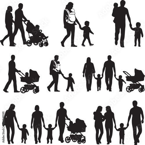 Black silhouettes of families walking with children and strollers 1