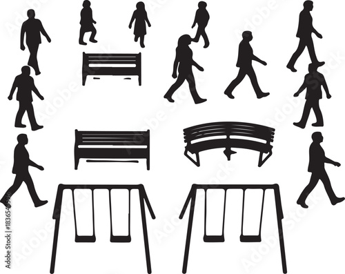 Black silhouettes of people benches and swings on white background