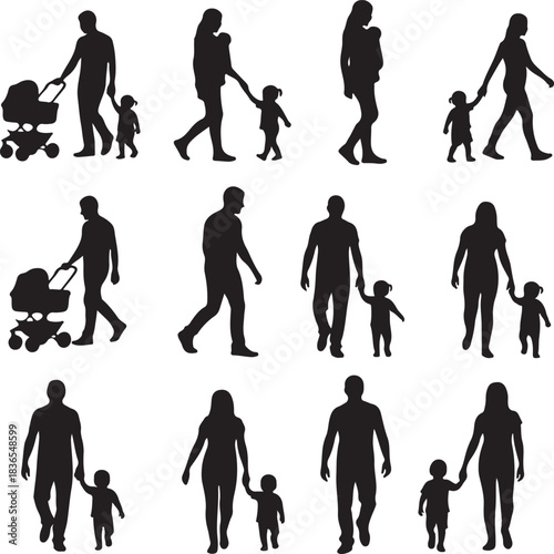 Black silhouettes of families walking with children and strollers
