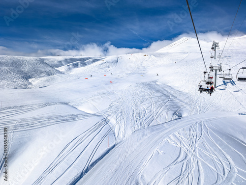 Mountains and skiing in Les Contamines, French alps.